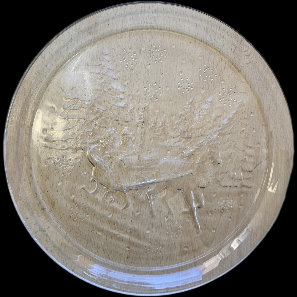 Vintage Arc France 13" Clear Glass Christmas Platter Horse & Sleigh Winter Scene